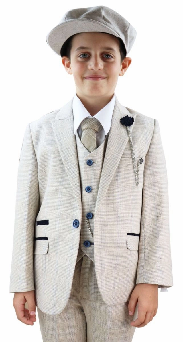 Boys 3 Piece Cream Herringbone Tweed Check Classic  Suit Boys Summer Matching Set
