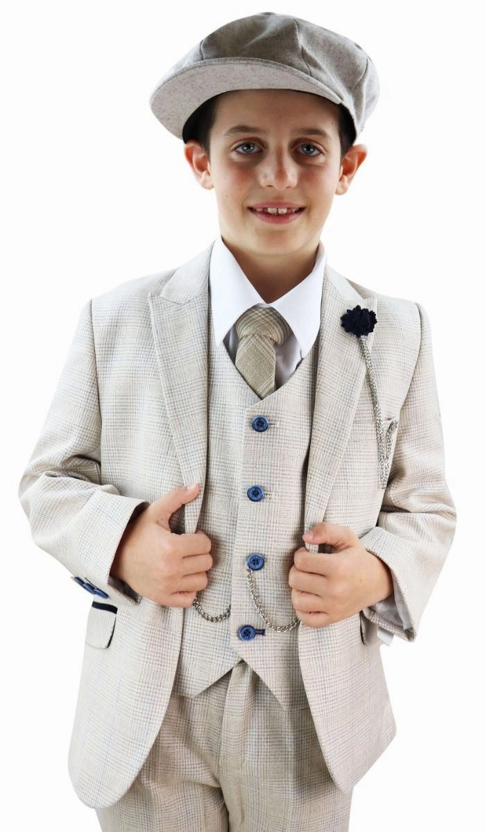 Boys 3 Piece Cream Herringbone Tweed Check Classic  Suit 2-piece outfit boys, toddler matching sets