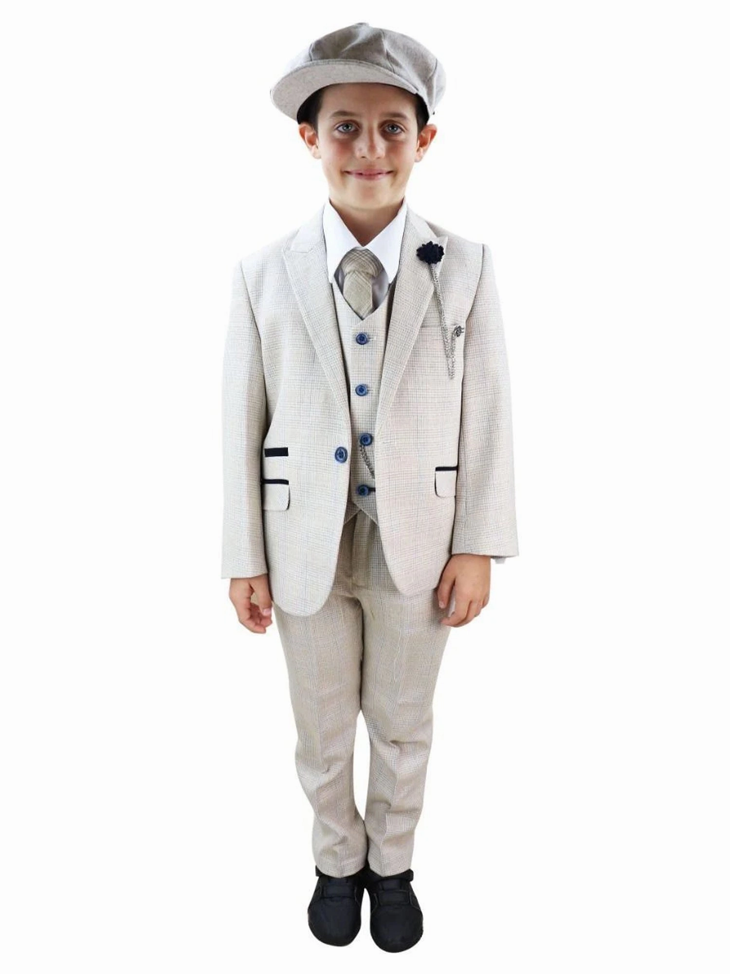Boys 3 Piece Cream Herringbone Tweed Check Classic  Suit Boys Summer Matching Set