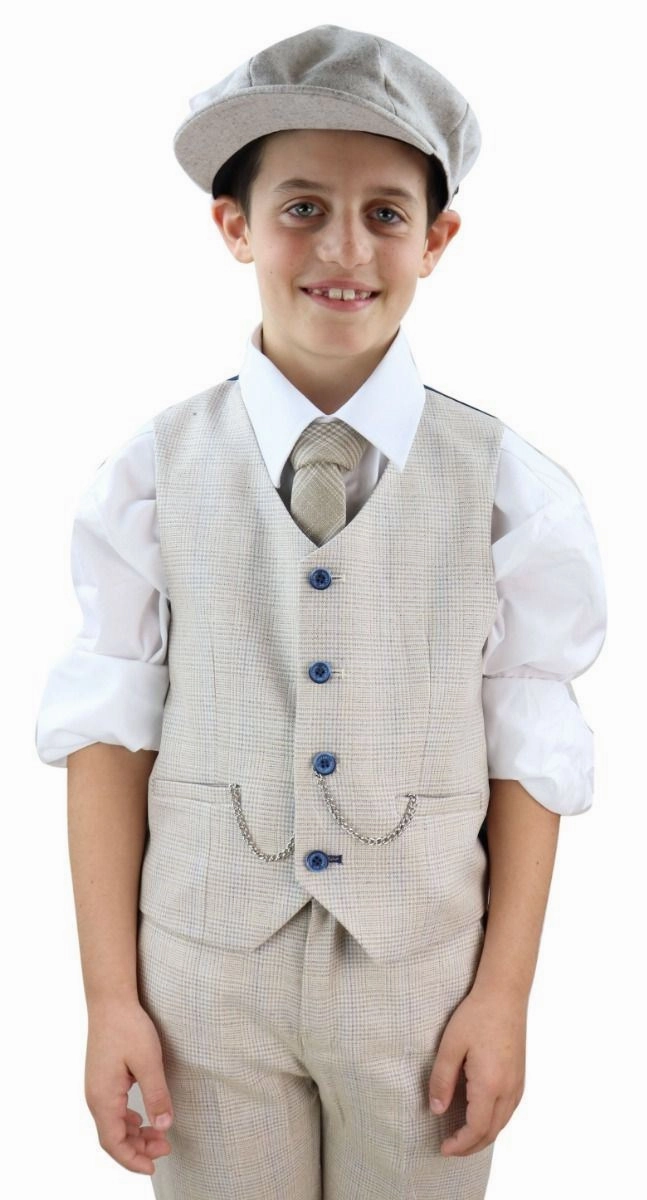 Boys 3 Piece Cream Herringbone Tweed Check Classic  Suit Boys Summer Matching Set