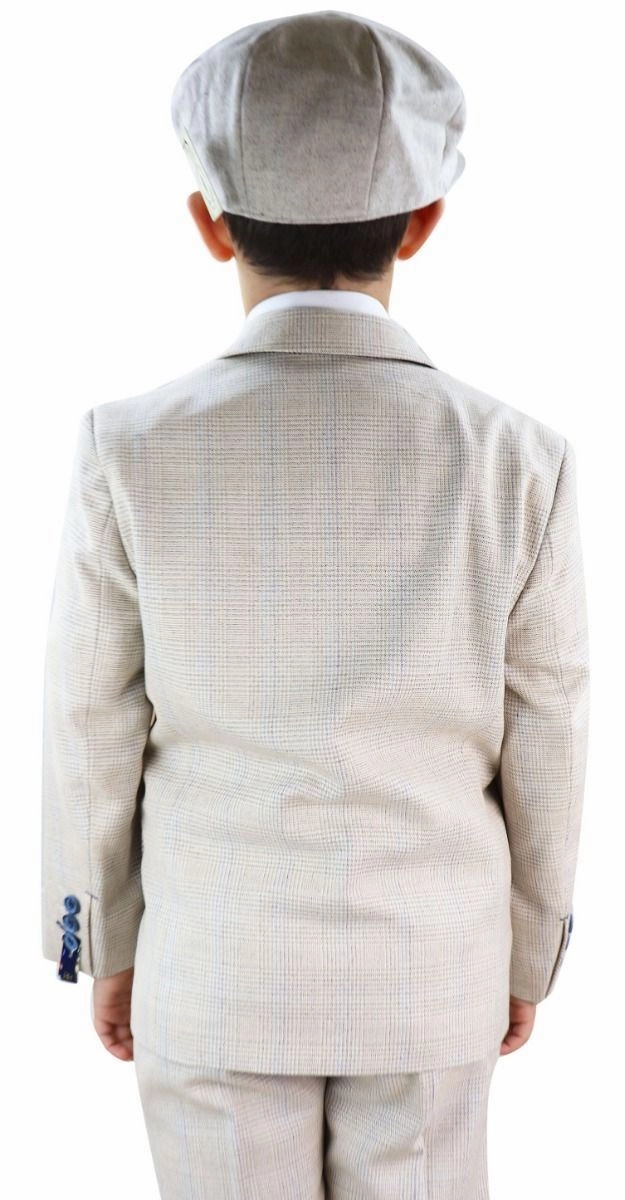 Boys 3 Piece Cream Herringbone Tweed Check Classic  Suit Boys Summer Matching Set