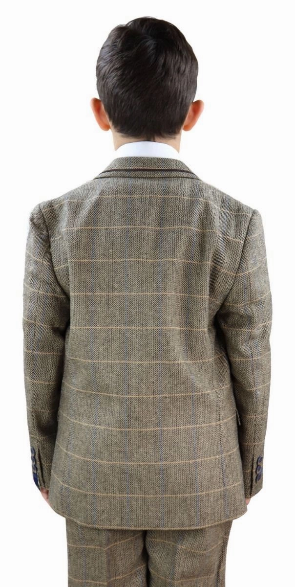 Boys 3 Piece Tan Brown Herringbone Tweed Check Classic  Suit Boys Summer Matching Set
