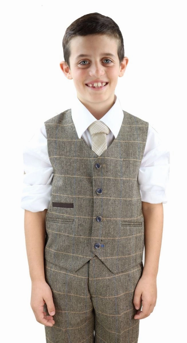 Boys 3 Piece Tan Brown Herringbone Tweed Check Classic  Suit Boys Summer Matching Set