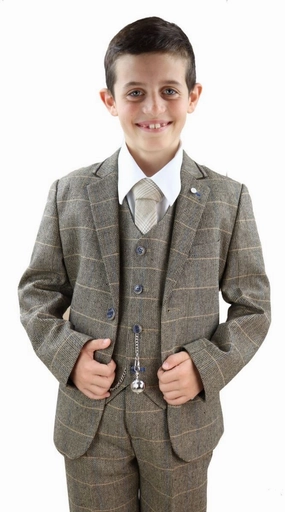 Boys 3 Piece Tan Brown Herringbone Tweed Check Classic  Suit 2-piece outfit boys, toddler matching sets