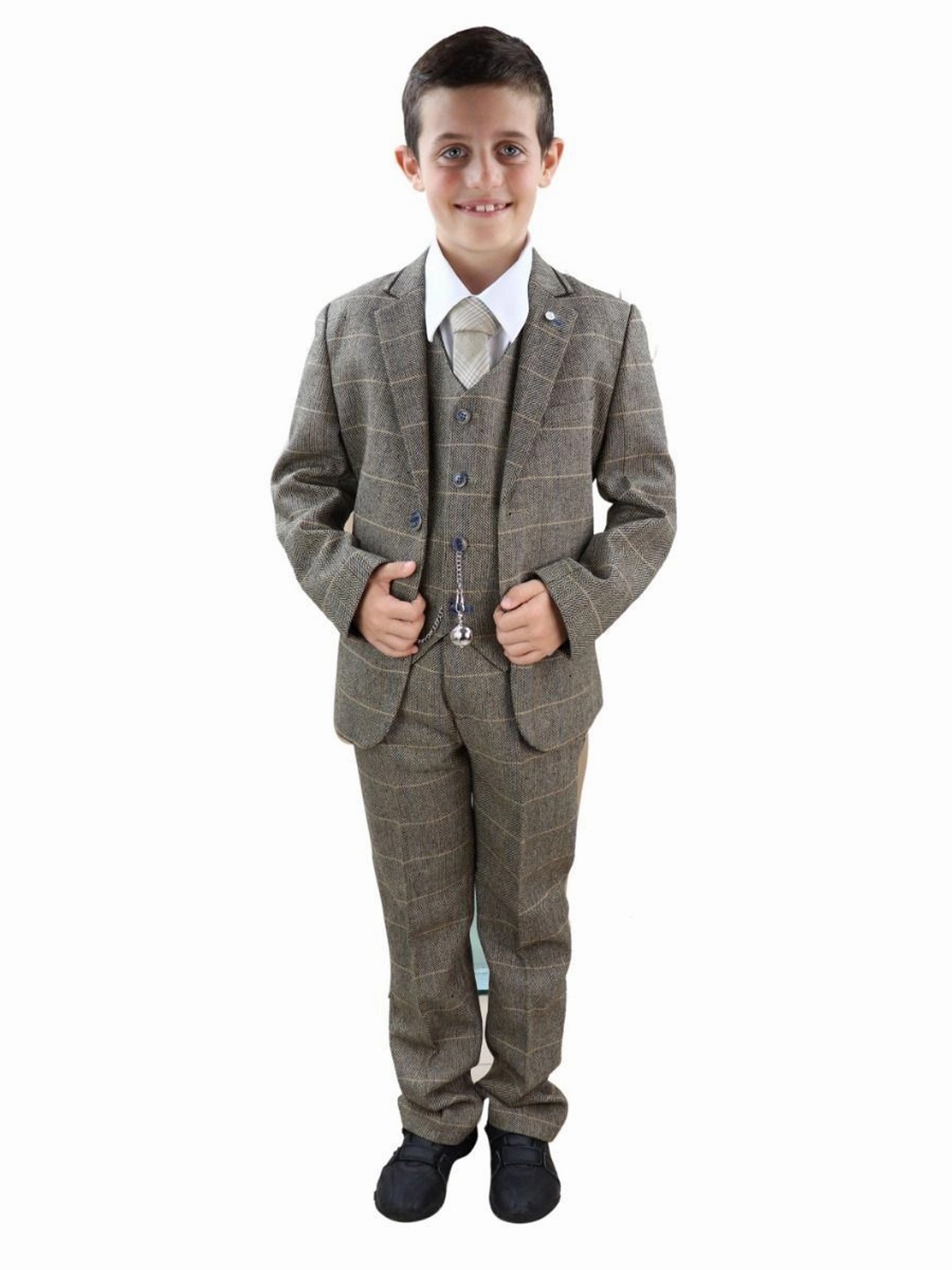 Boys 3 Piece Tan Brown Herringbone Tweed Check Classic  Suit Boys Summer Matching Set