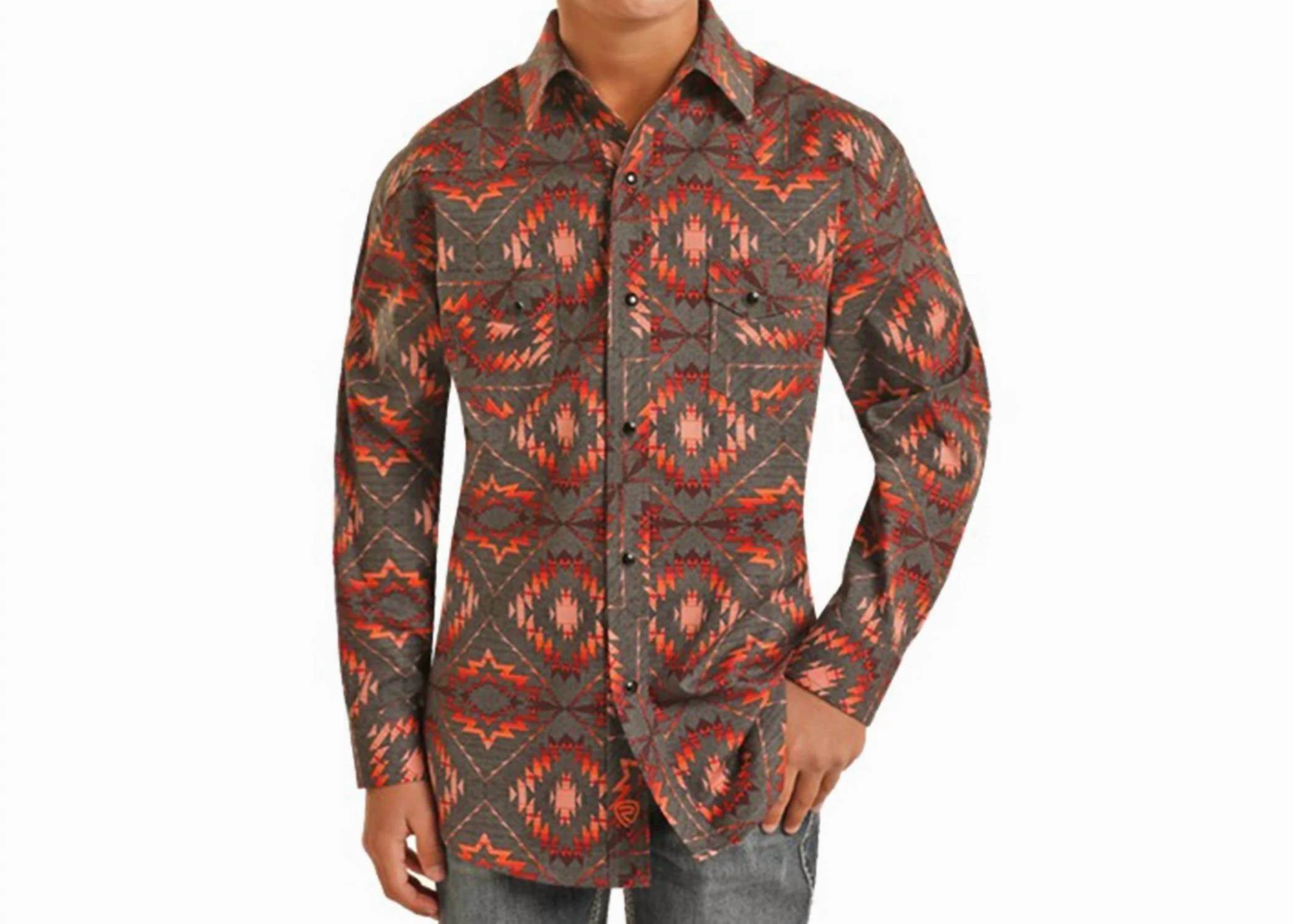 Boys Aztec Snap Shirt In Orange graphic tees for boys, polo shirts boys