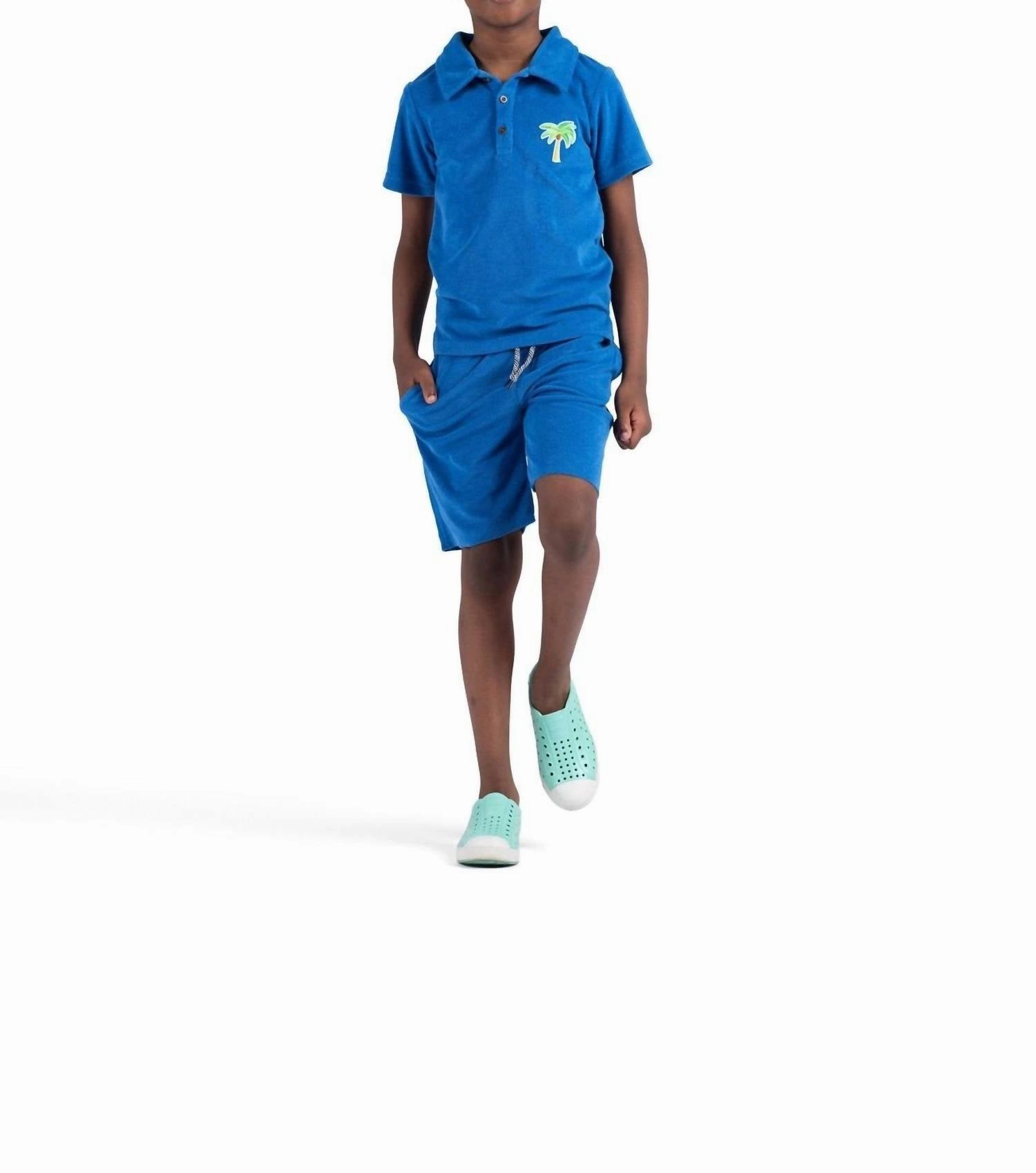 Boys Blue Camp Shorts In Blue Terry Boys Drawstring Athletic Shorts