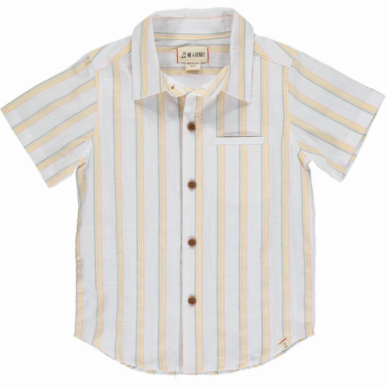 Boys Newport Button Down Shirt In Sage/orange/gold Stripe graphic tees for boys, polo shirts boys