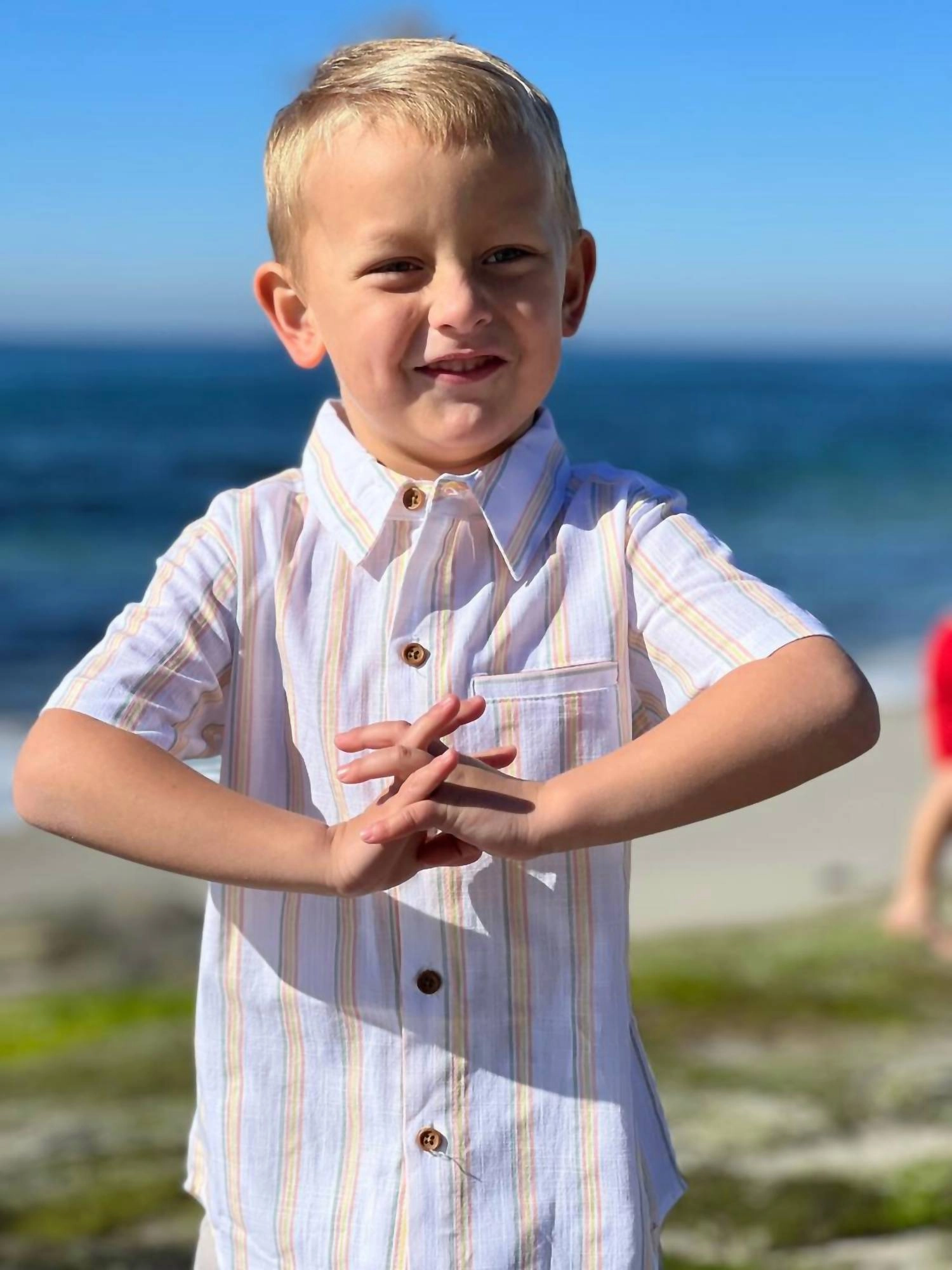 Boys Newport Button Down Shirt In Sage/orange/gold Stripe Boys Henley T Shirt