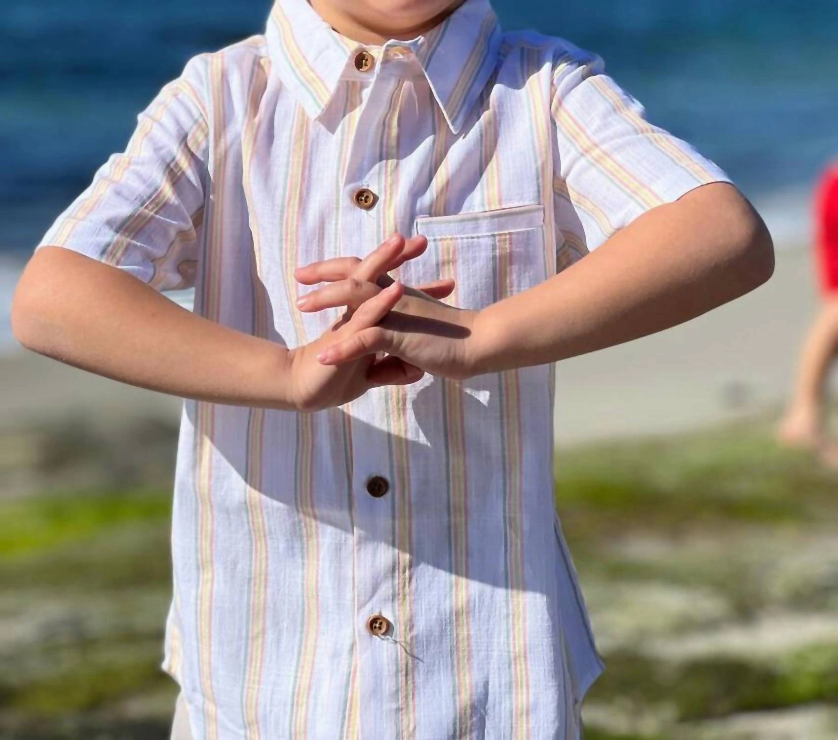 Boys Newport Button Down Shirt In Sage/orange/gold Stripe Boys Henley T Shirt