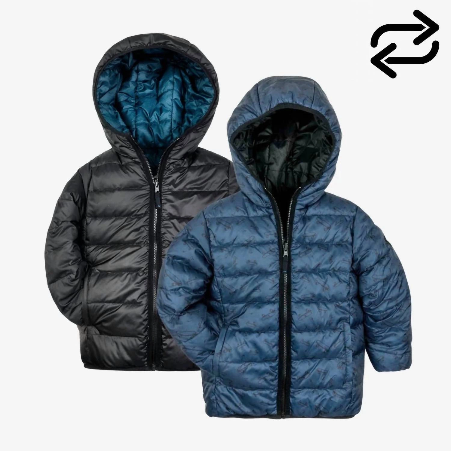 Boys Reversible Puffer Coat In Blue Boys Waterproof Parka