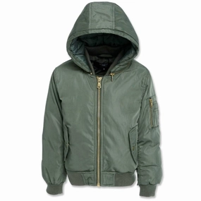 Boys Squadron Hooded Bomber Jacket In Sage winter jackets for boys, lightweight puffer boys