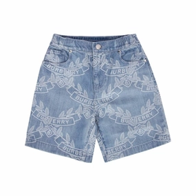 Burberry Kids Castiel Oak Leaf Crest Print Denim Shorts boys athletic shorts, cargo shorts boys