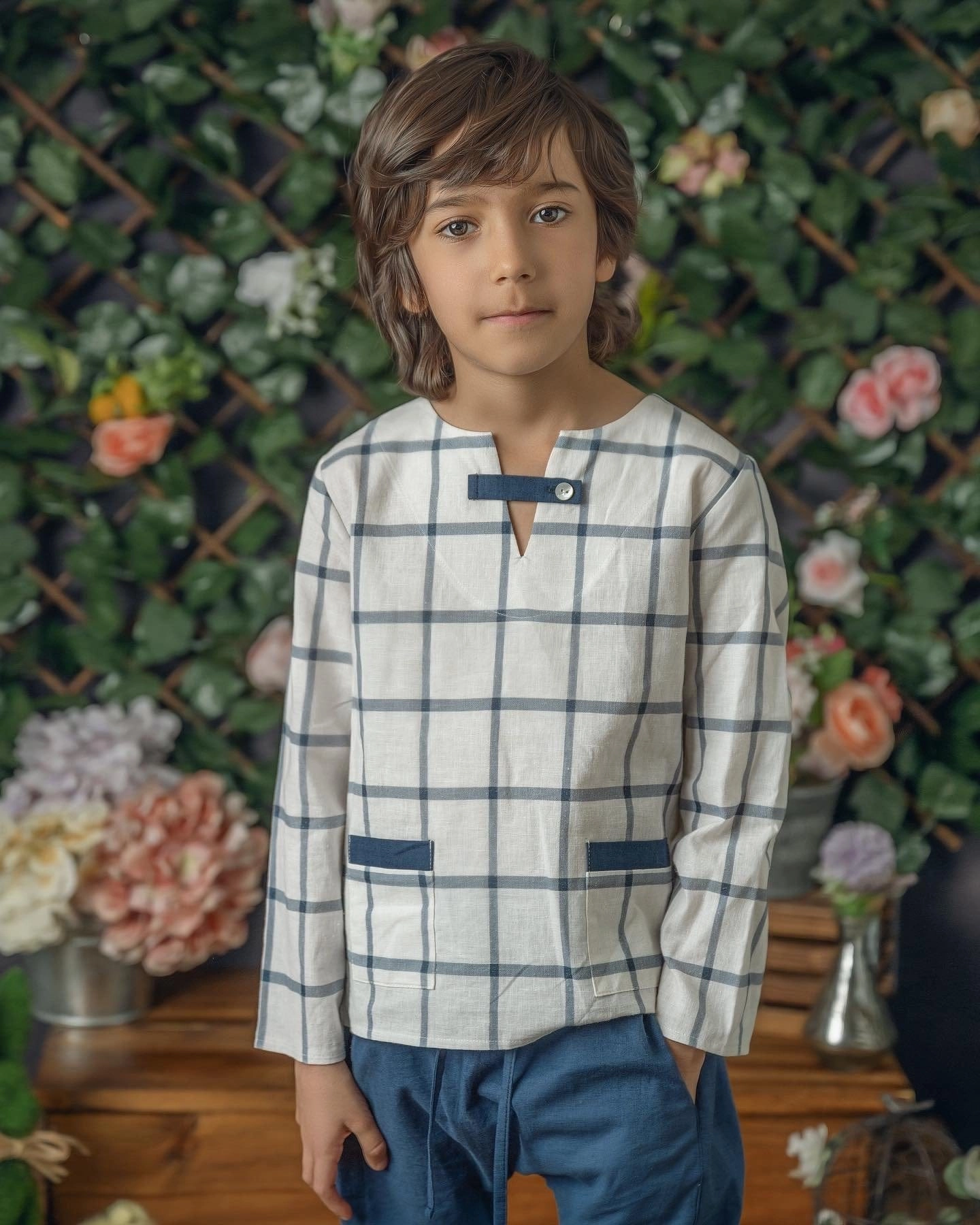 Checkered Linen Top and Pants Set Boys Summer Matching Set