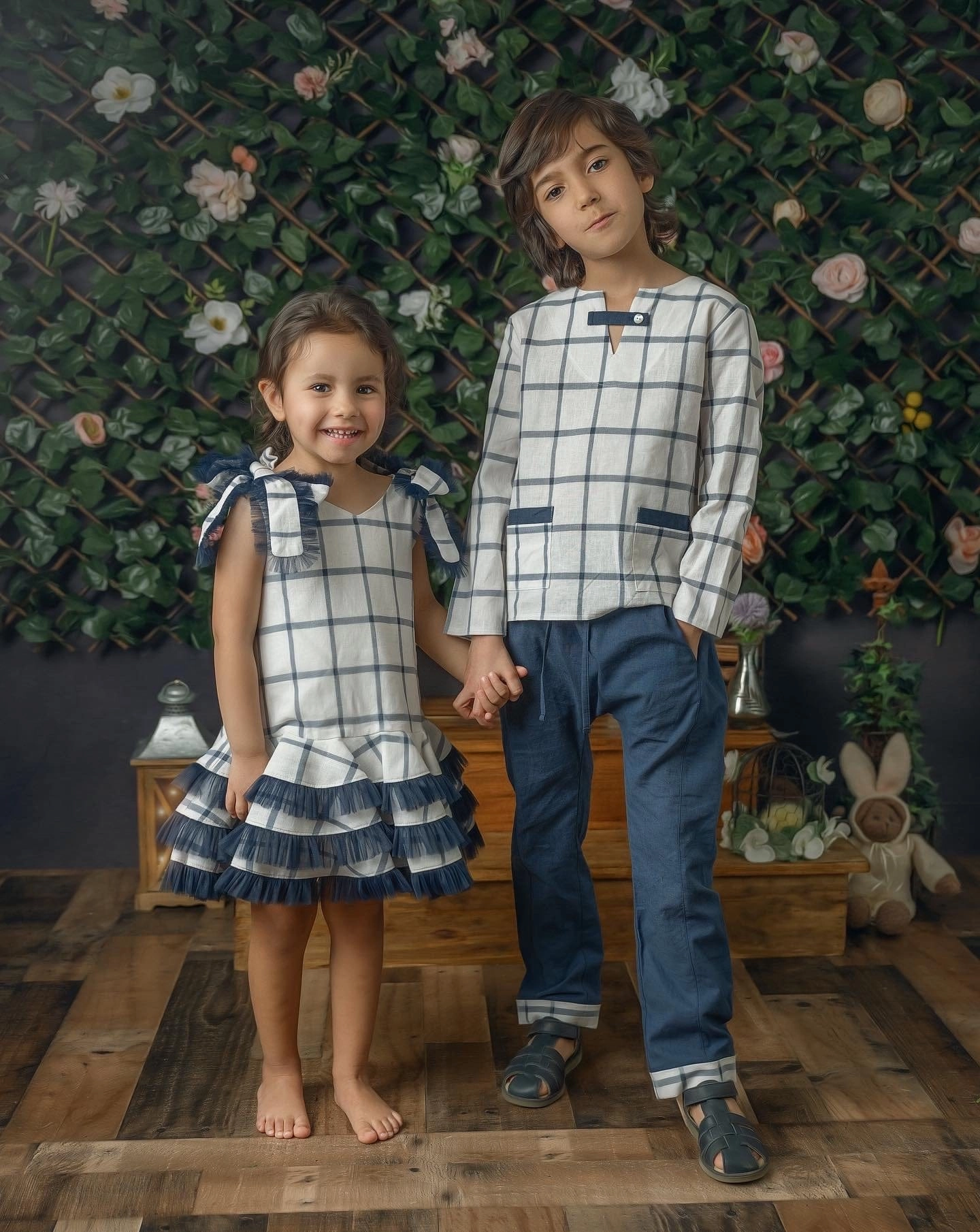 Checkered Linen Top and Pants Set Boys Summer Matching Set