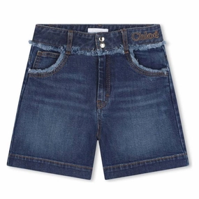 Chloe Girls Denim Blue Logo-Embroidered Shorts girls bermuda shorts, bike shorts girls