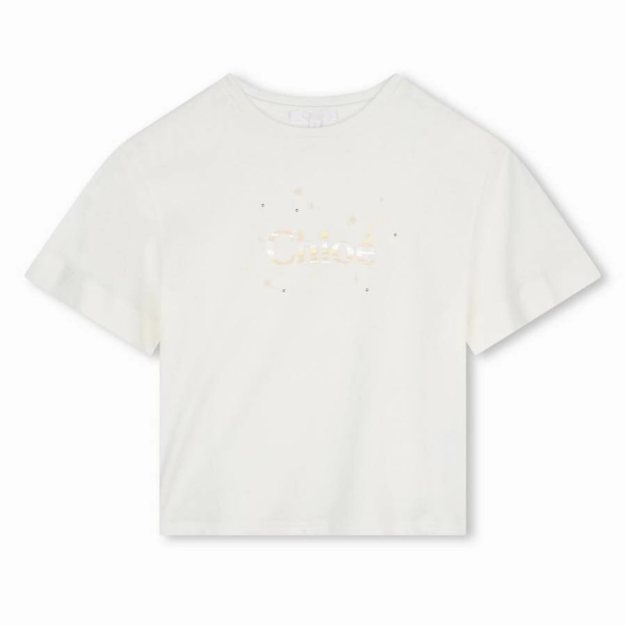 Chloe Girls Logo Print Cotton T-Shirt ruffle tops girls, long sleeve tees girls