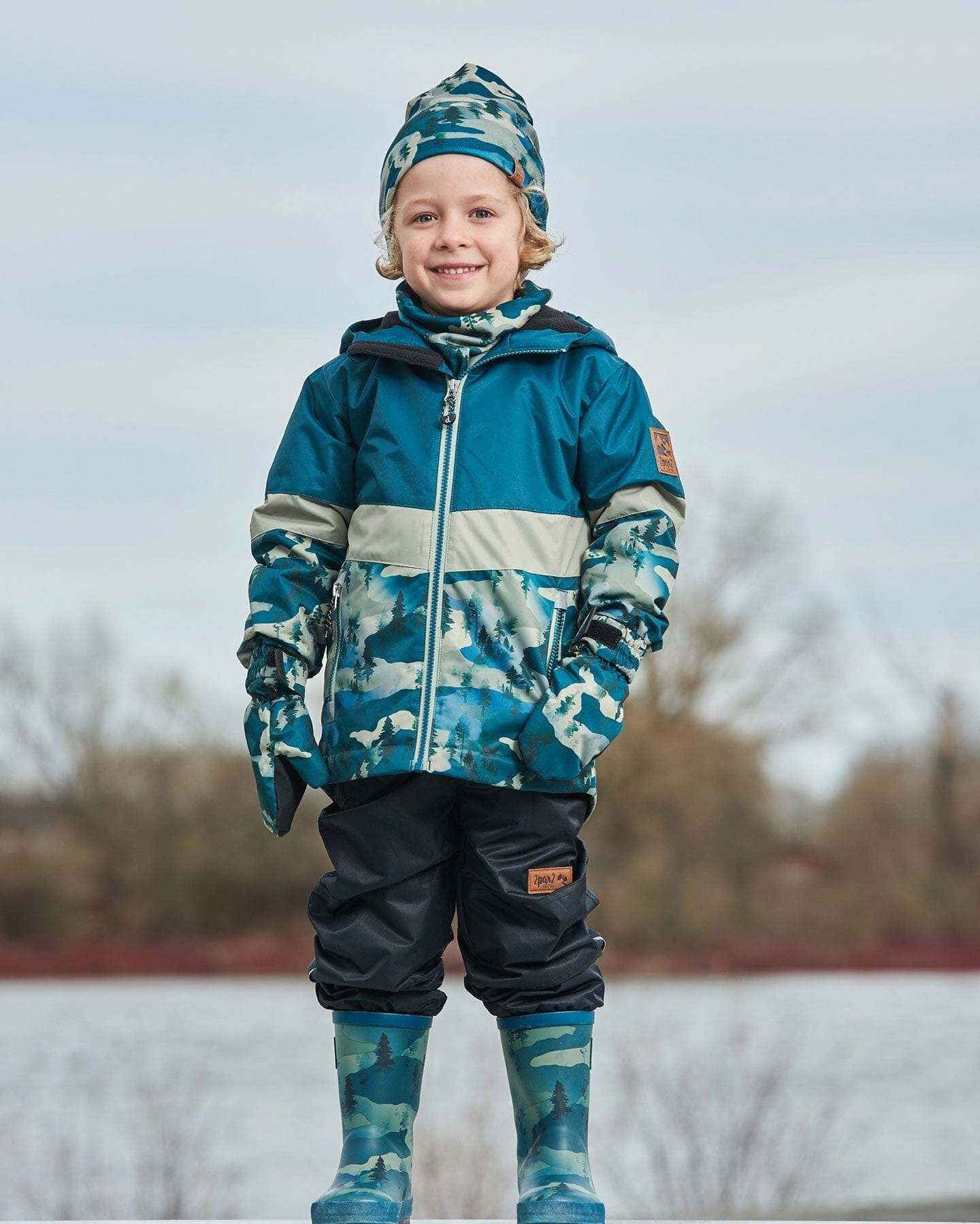 Colorblock Printed Two-Piece Mid-Season Outerwear Set Forest Green With Black Pines Boys Summer Matching Set