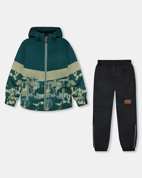 Colorblock Printed Two-Piece Mid-Season Outerwear Set Forest Green With Black Pines 2-piece outfit boys, toddler matching sets