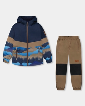 Colorblock Printed Two-Piece Mid-Season Outerwear Set Navy Blue Mountains And Taupe 2-piece outfit boys, toddler matching sets