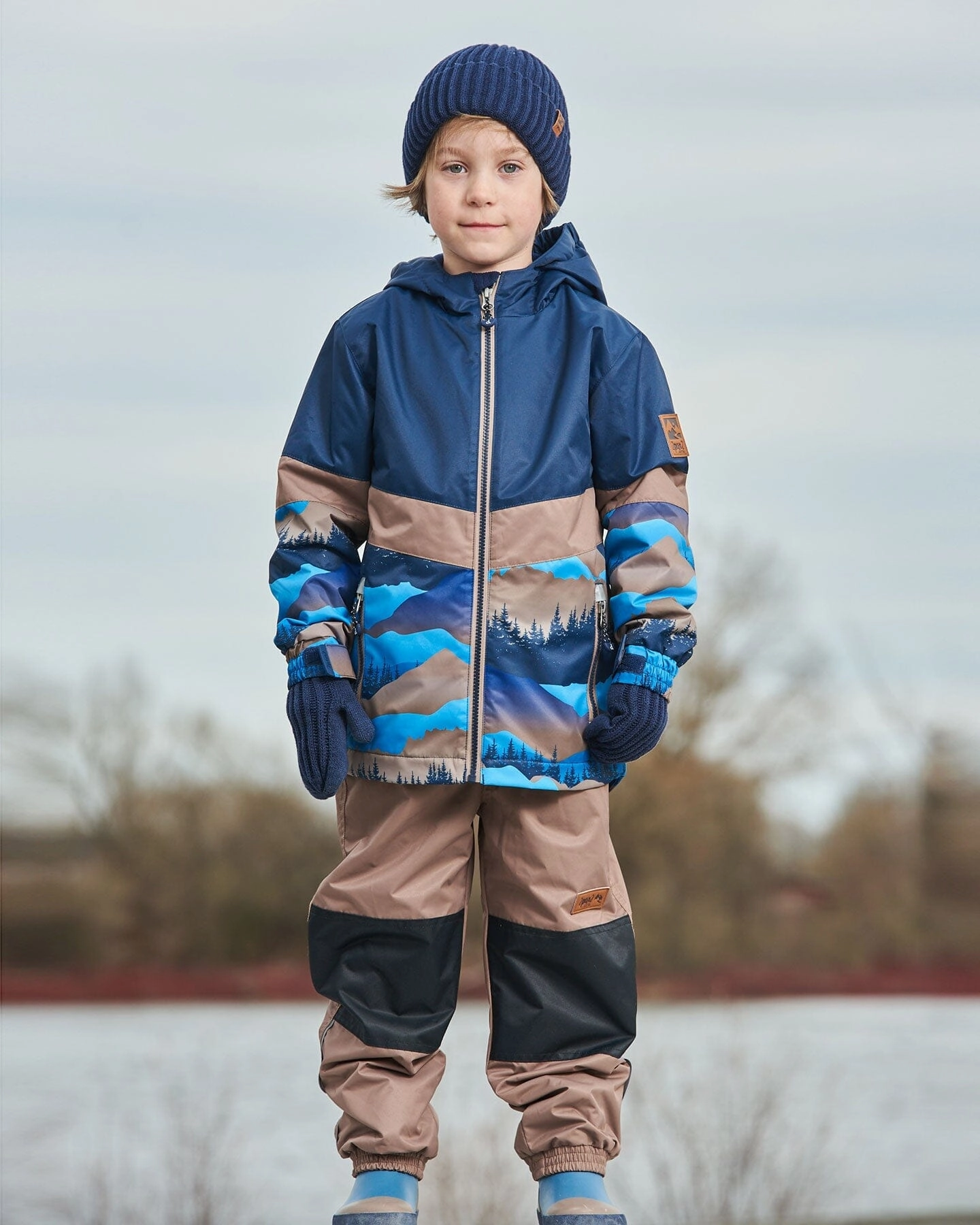 Colorblock Printed Two-Piece Mid-Season Outerwear Set Navy Blue Mountains And Taupe Boys Summer Matching Set