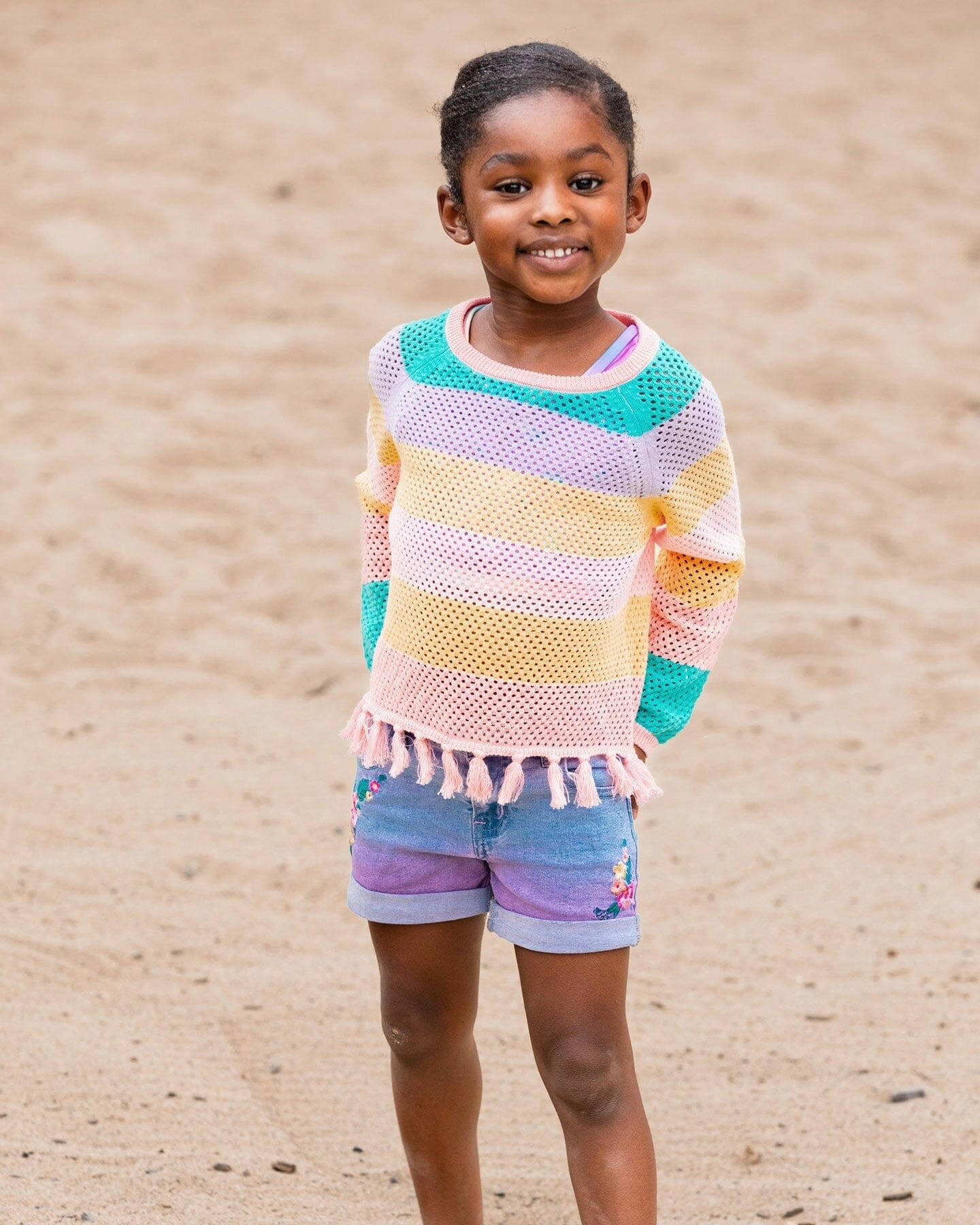 Cotton Sweater With Fringe Multicolor Stripes Girls Chunky Knit Sweater