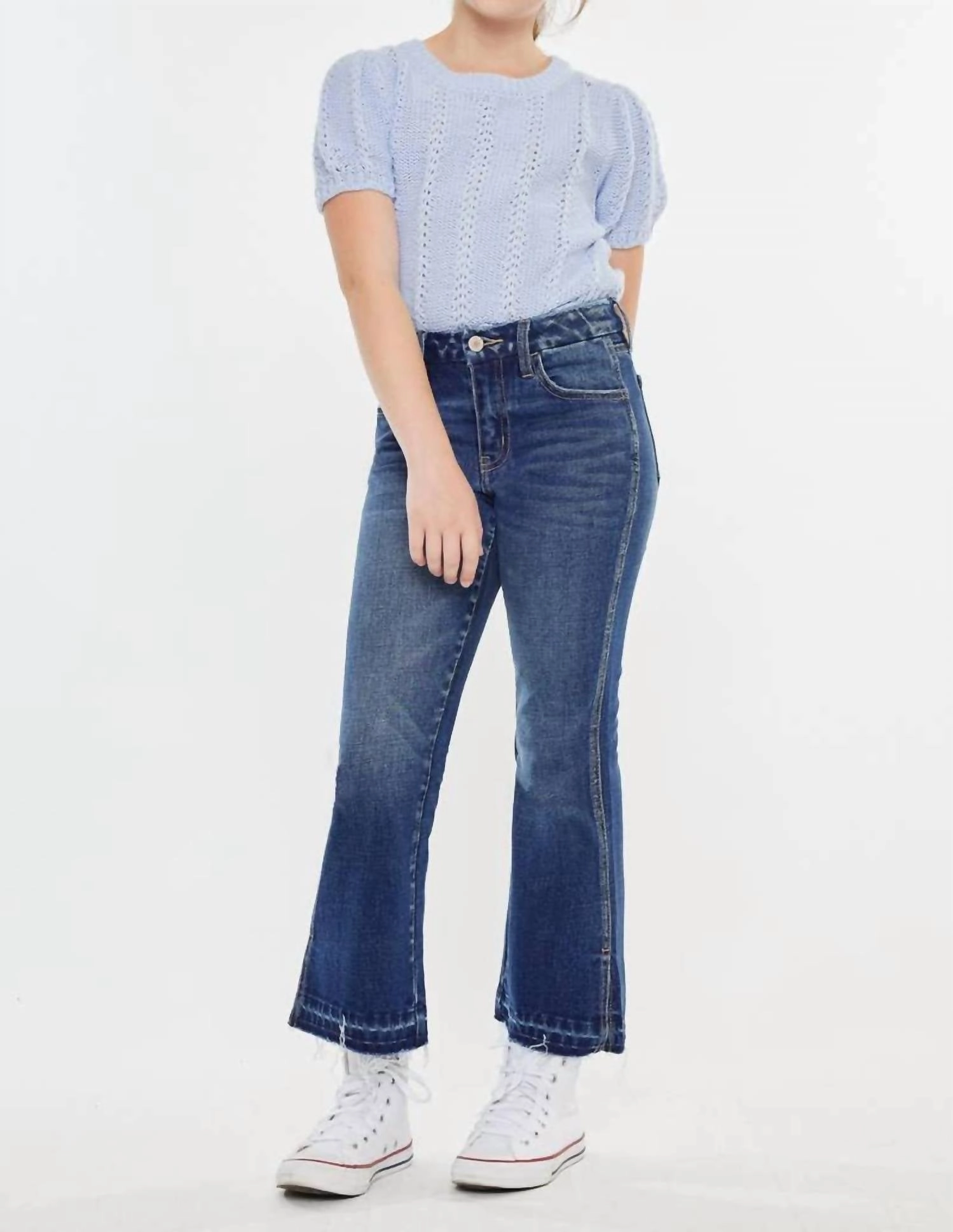 Crop Flare In Dark Wash Girls Ripped Skinny Jeans