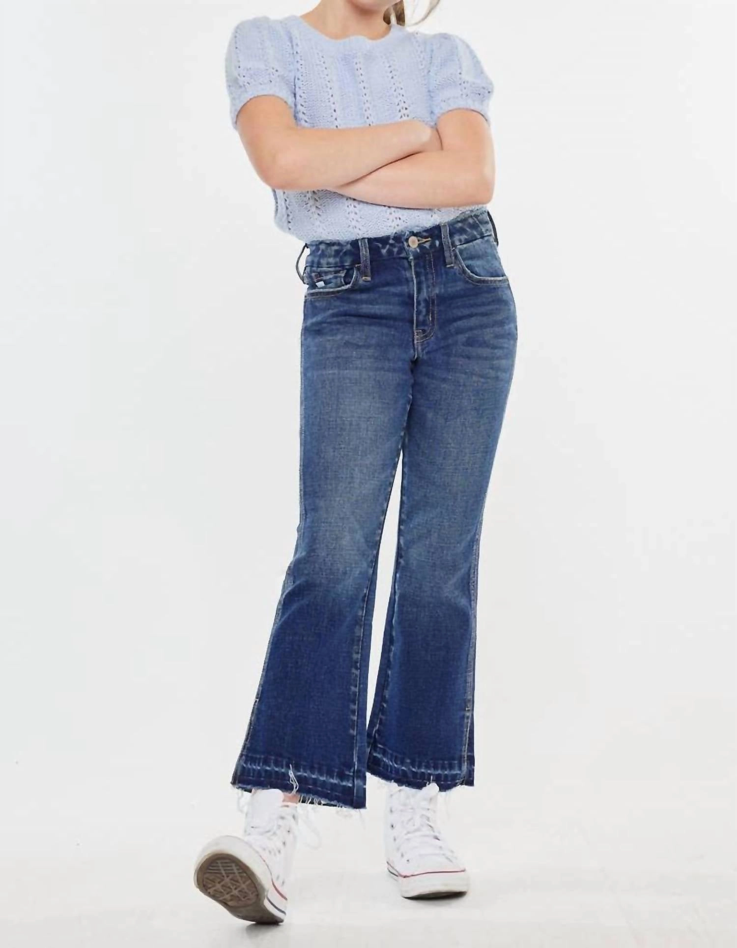 Crop Flare In Dark Wash Girls Ripped Skinny Jeans