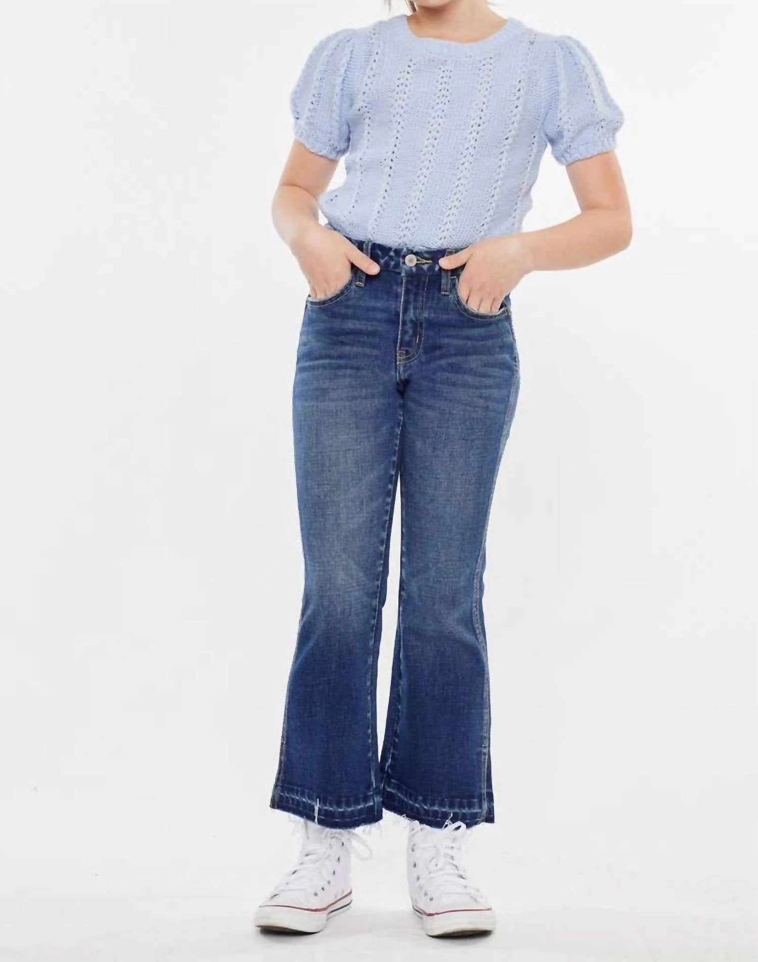 Crop Flare In Dark Wash girls bootcut jeans, stretch denim girls