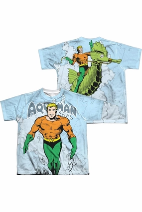 DC Comics Clasic Aquaman (Front/Back Print) Short Sleeve Youth Poly Crew Tee / T-Shirt graphic tees for boys, polo shirts boys