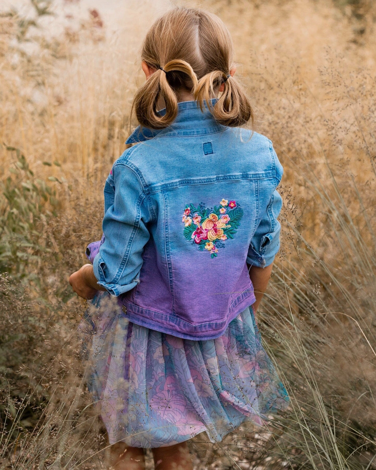 Denim Jacket With Embroidery Floral Jeans Blue Girls Chunky Knit Sweater