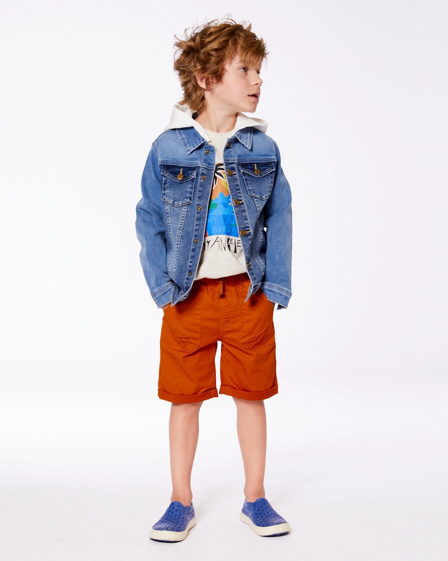 Denim Jacket With French Terry Hood White And Denim Blue Boys Waterproof Parka