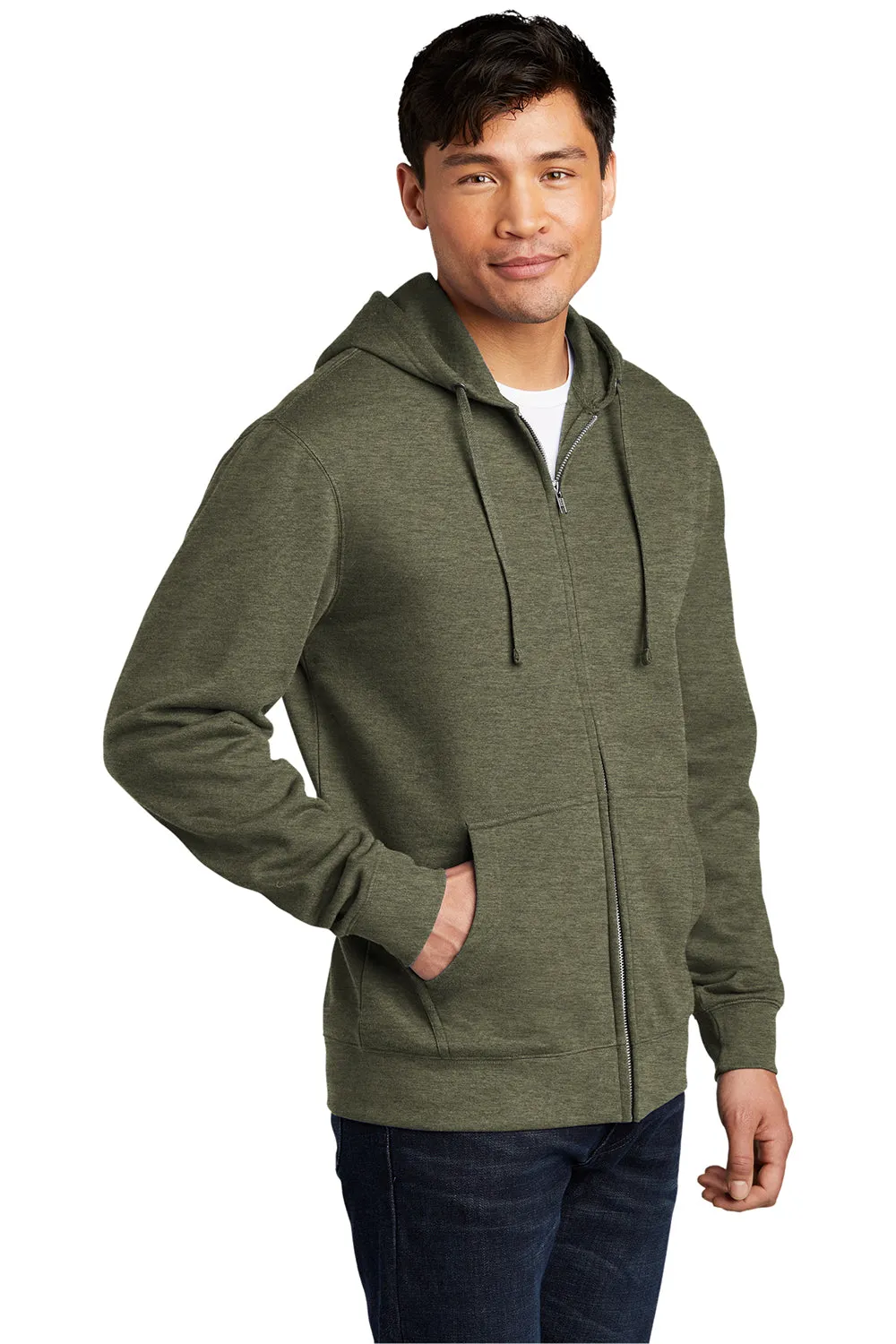District Mens Very Important Fleece Full Zip Hooded Sweatshirt Hoodie w/ Pockets - Heather Olive Green  Buy new Clothing District