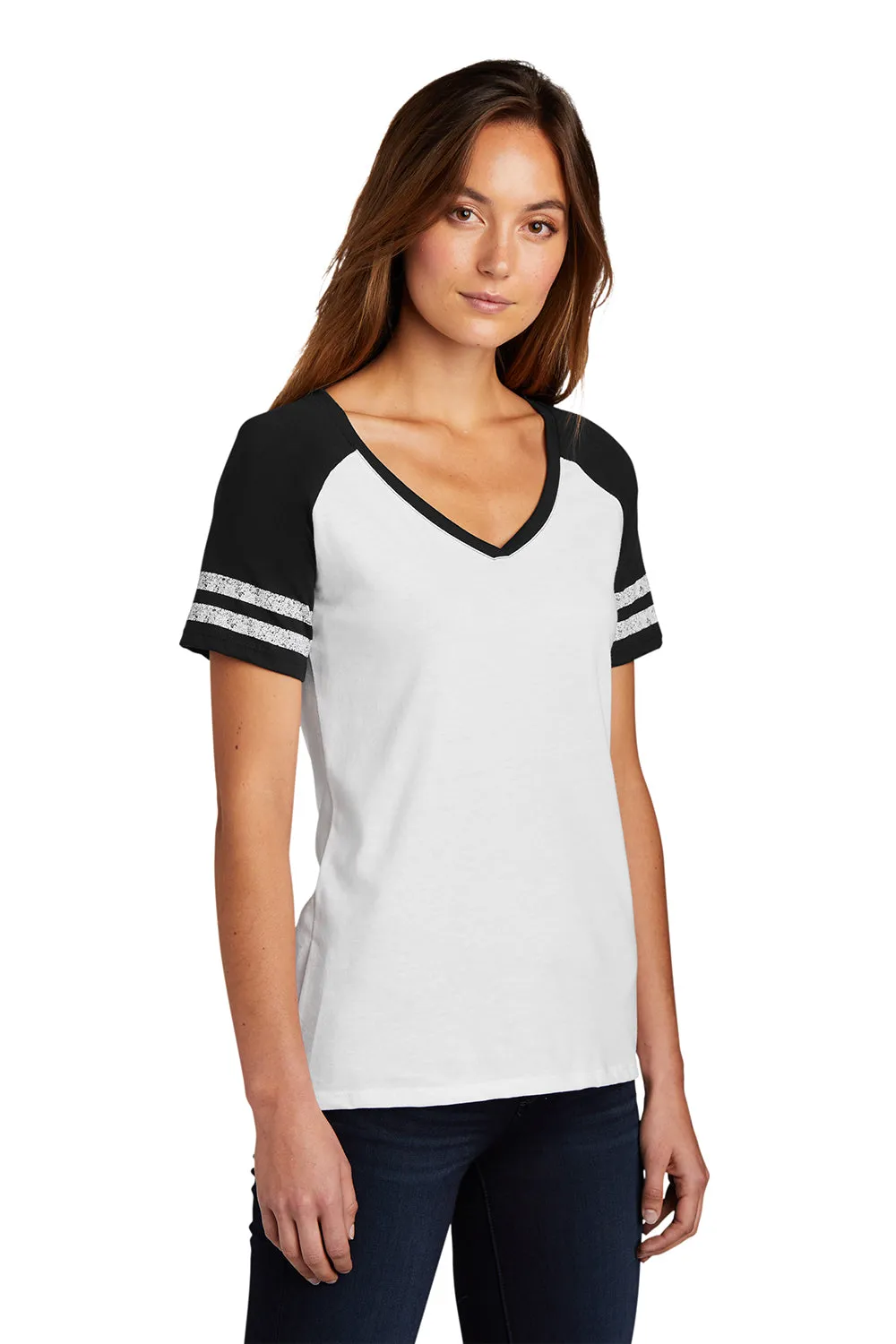 District Womens Game Short Sleeve V-Neck T-Shirt - White/Black  Buy new Clothing District