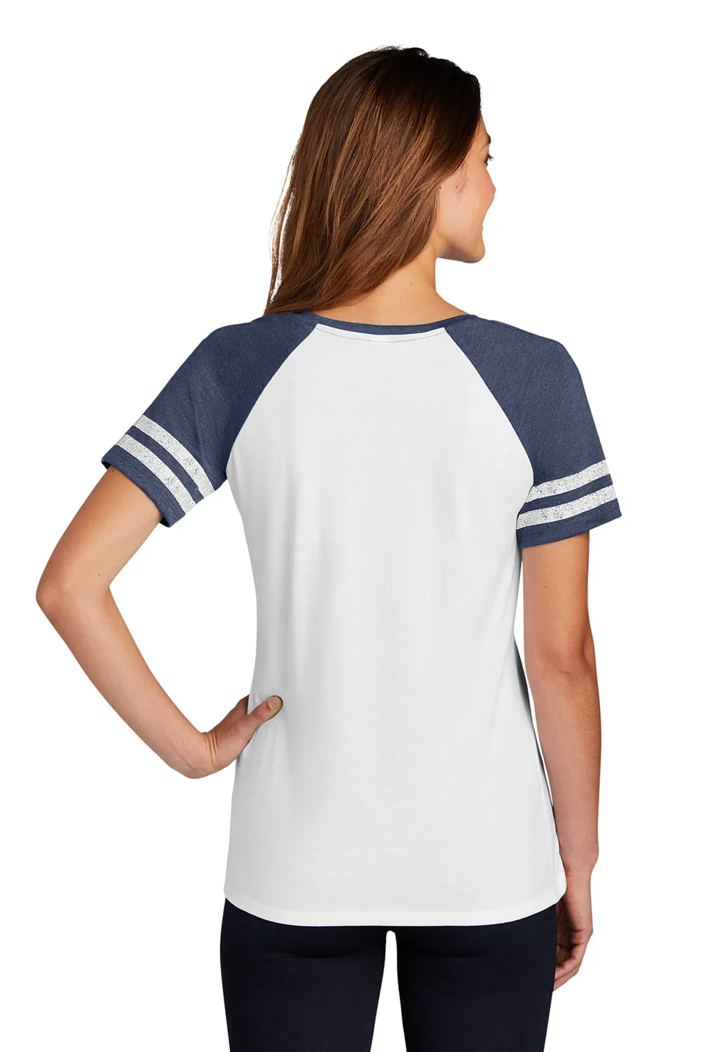 District Womens Game Short Sleeve V-Neck T-Shirt - White/Heather Navy Blue  Buy new Clothing District