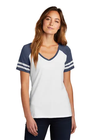 District Womens Game Short Sleeve V-Neck T-Shirt - White/Heather Navy Blue  Buy new Clothing District