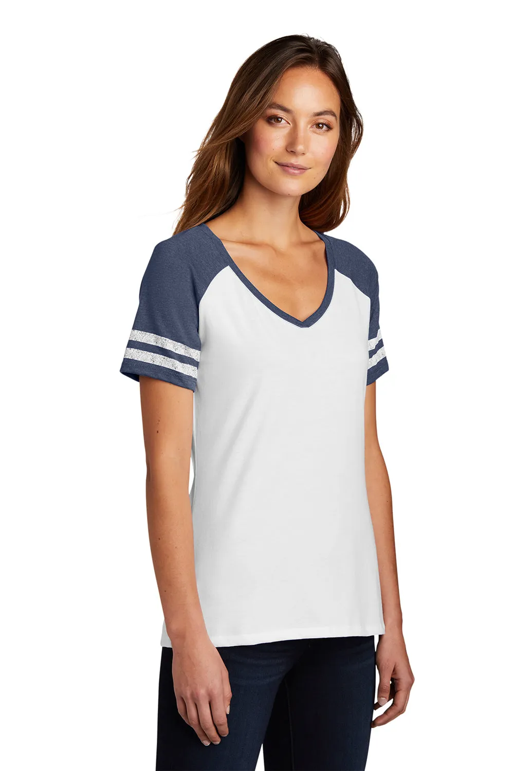 District Womens Game Short Sleeve V-Neck T-Shirt - White/Heather Navy Blue  Buy new Clothing District