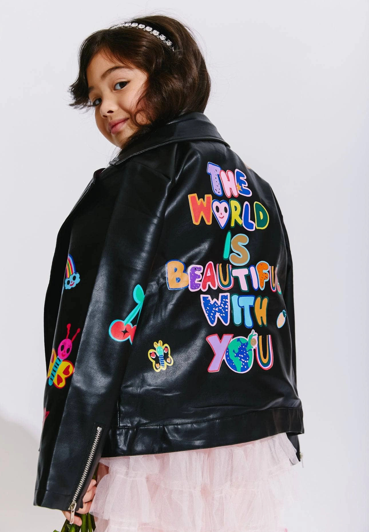 Doodle Art Vegan Moto Girls Sherpa Coat
