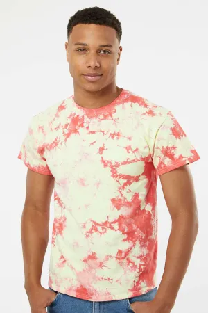 Dyenomite Mens Crystal Tie Dyed Short Sleeve Crewneck T-Shirt - Coral/Soft Yellow Clothing Dyenomite