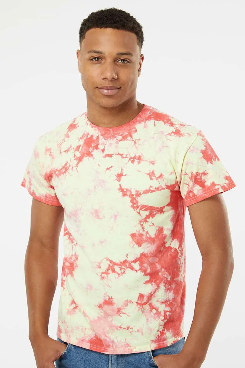 Dyenomite Mens Crystal Tie Dyed Short Sleeve Crewneck T-Shirt - Coral/Soft Yellow Clothing Dyenomite