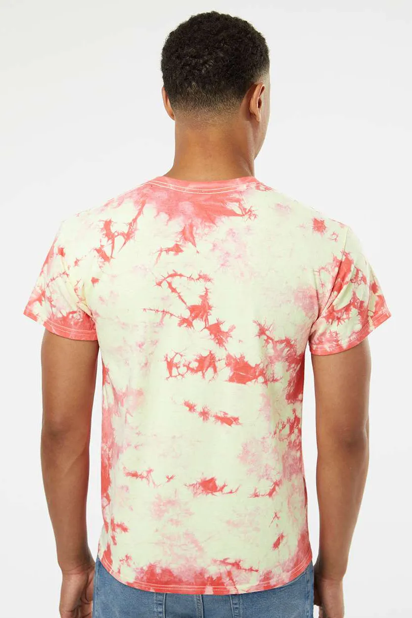 Dyenomite Mens Crystal Tie Dyed Short Sleeve Crewneck T-Shirt - Coral/Soft Yellow Clothing Dyenomite
