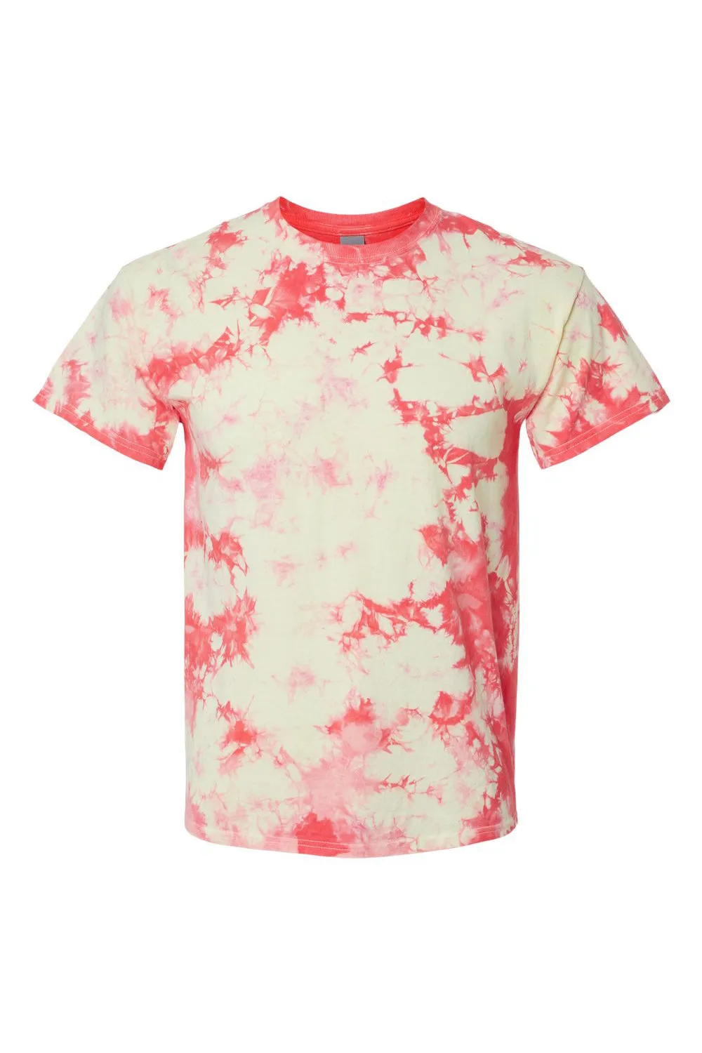 Dyenomite Mens Crystal Tie Dyed Short Sleeve Crewneck T-Shirt - Coral/Soft Yellow Clothing Dyenomite