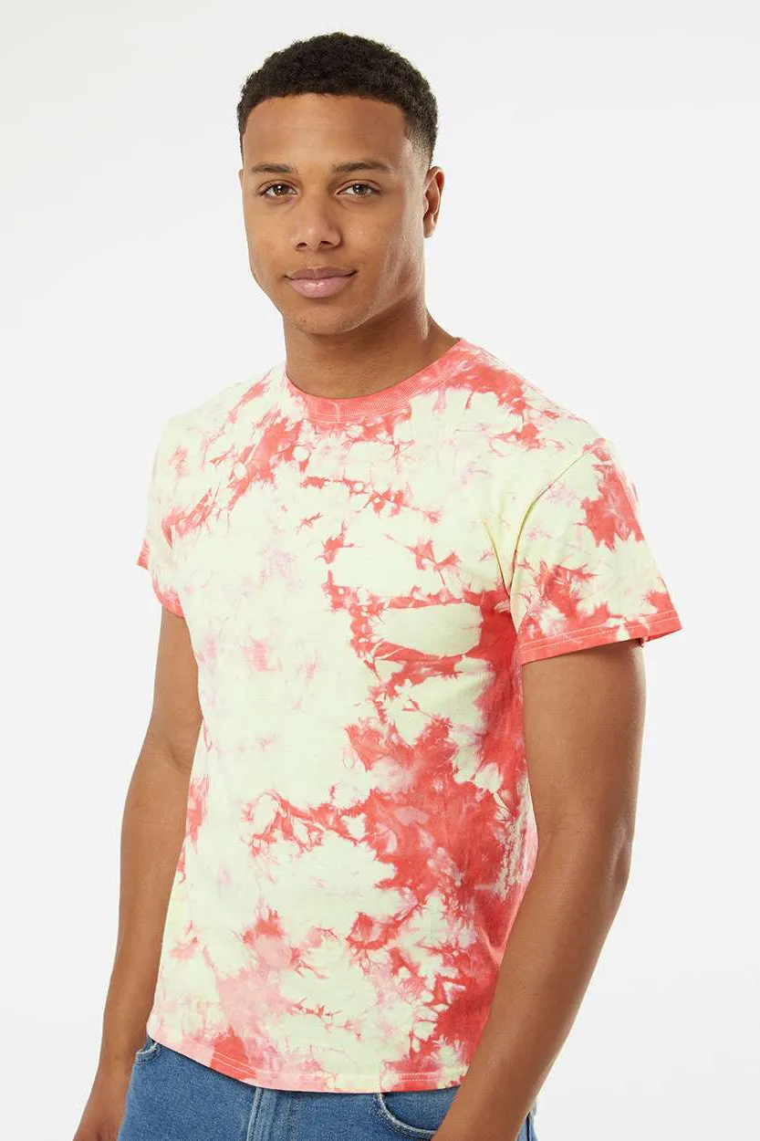 Dyenomite Mens Crystal Tie Dyed Short Sleeve Crewneck T-Shirt - Coral/Soft Yellow Clothing Dyenomite