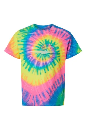 Dyenomite Mens Spiral Tie Dyed Short Sleeve Crewneck T-Shirt - Fluorescent Rainbow Swirl Clothing Dyenomite