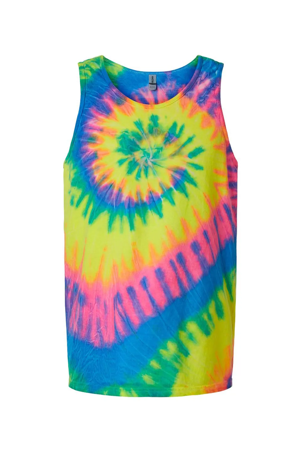 Dyenomite Mens Spiral Tie Dyed Tank Top - Fluorescent Rainbow Spiral Clothing Dyenomite