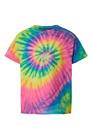Dyenomite Youth Spiral Tie Dyed Short Sleeve Crewneck T-Shirt - Fluorescent Rainbow Spiral Clothing Dyenomite