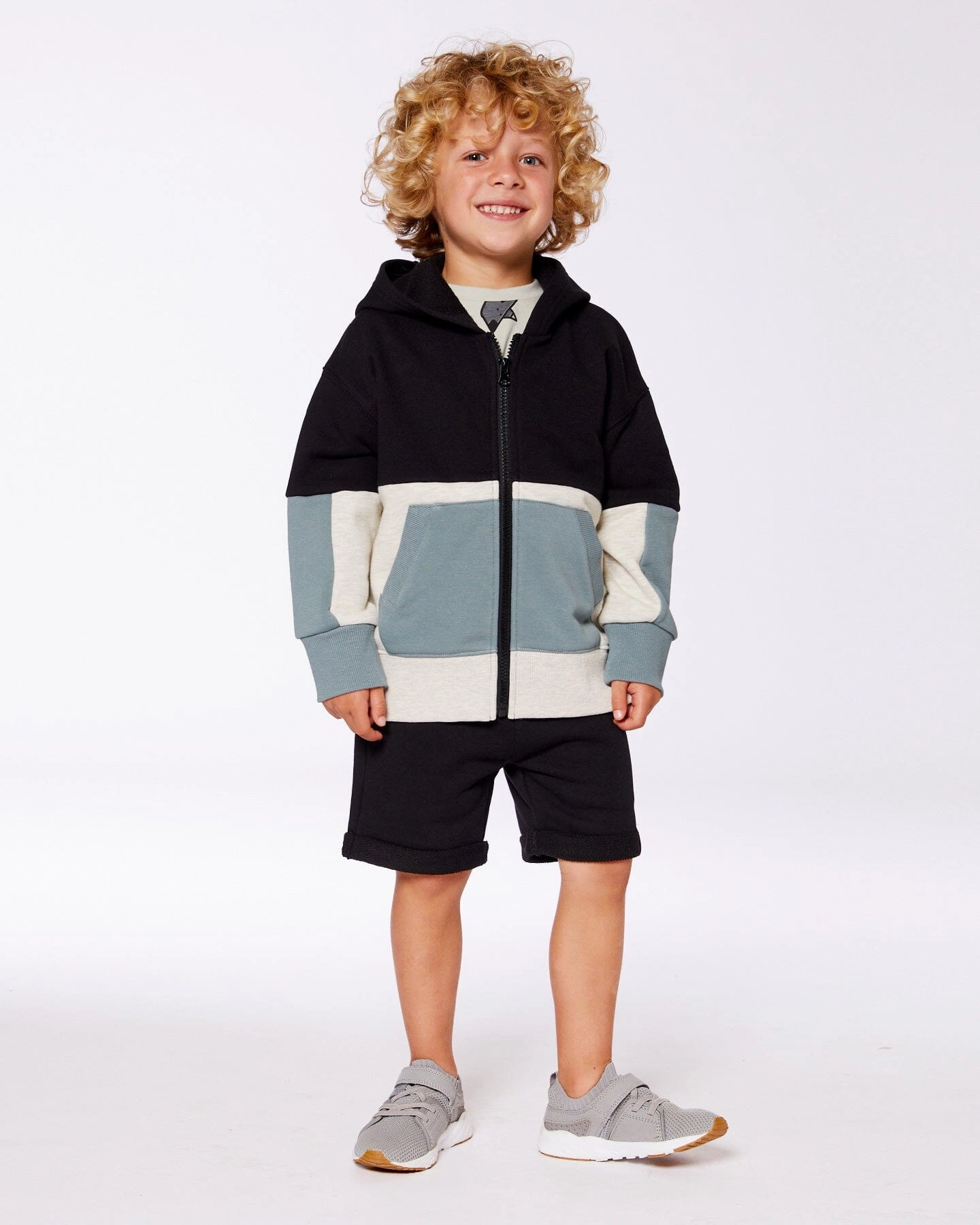 French Terry Color Block Full Zip Hoodie Cardigan Sweatshirt Black, Teal And Shimmer Boys Half Zip Pullover