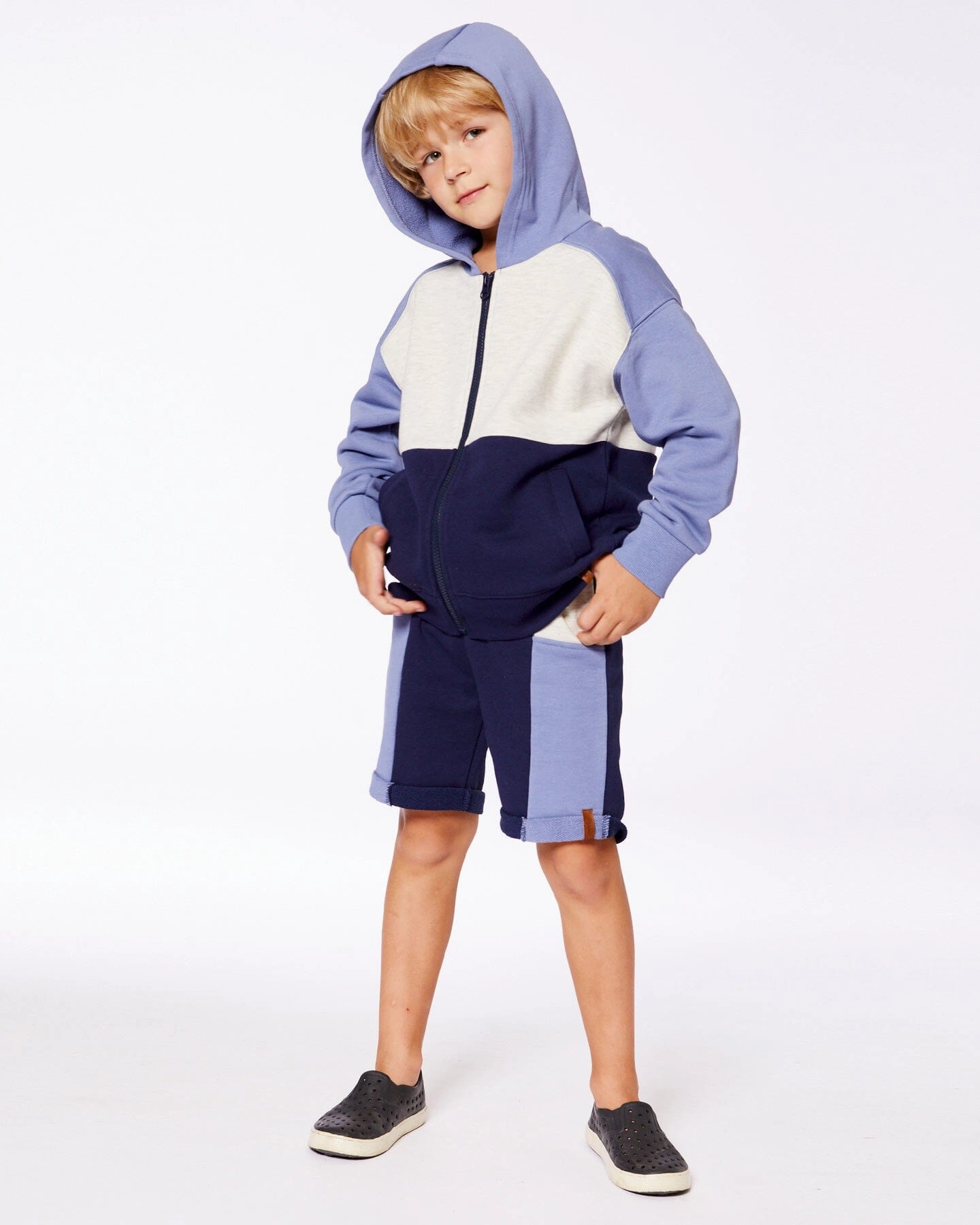 French Terry Color Block Full Zip Hoodie Sweatshirt Blue, Navy And Cream Boys Half Zip Pullover