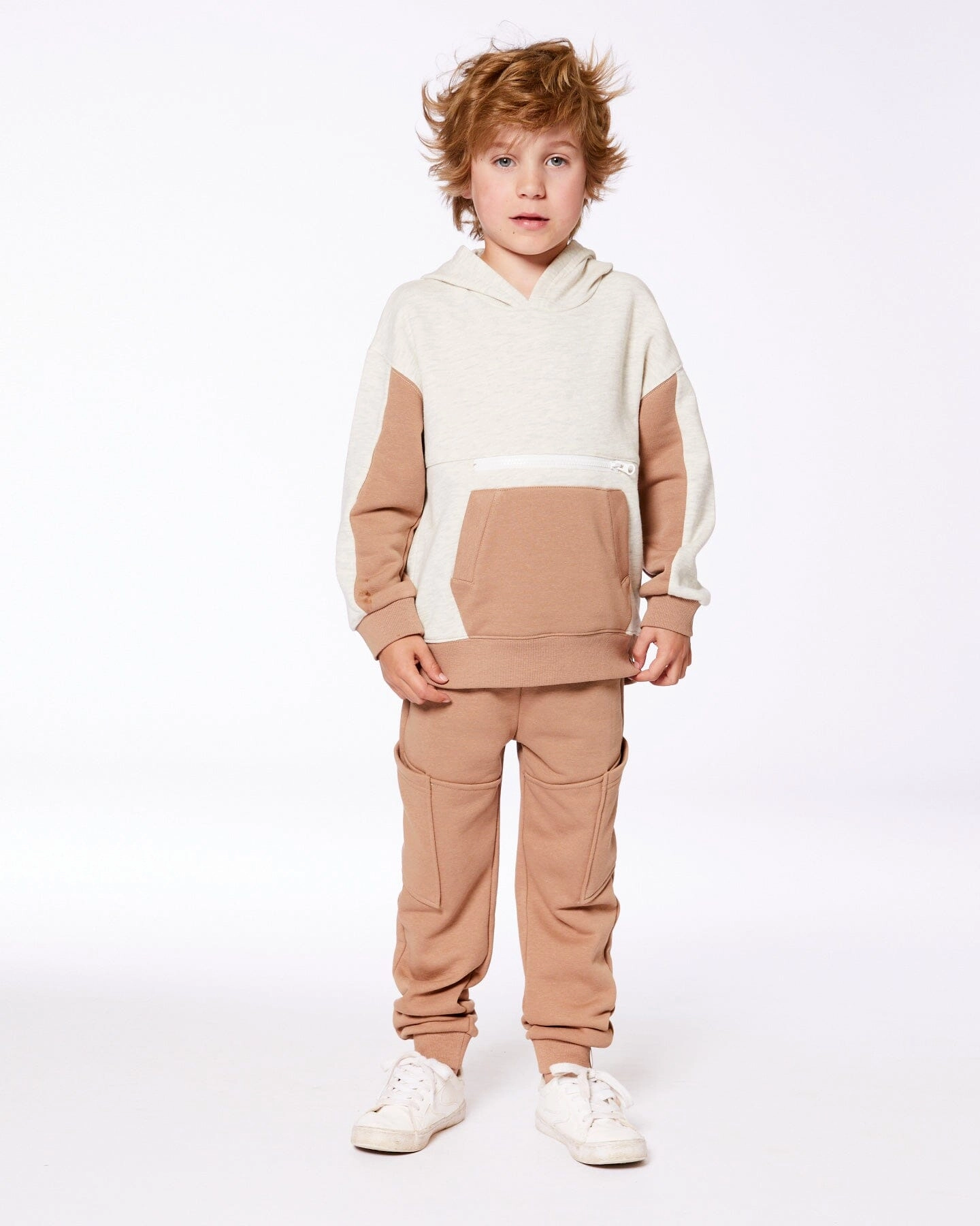 French Terry Color Block Pullover Hoodie Sweatshirt Beige And Off-White Boys Half Zip Pullover