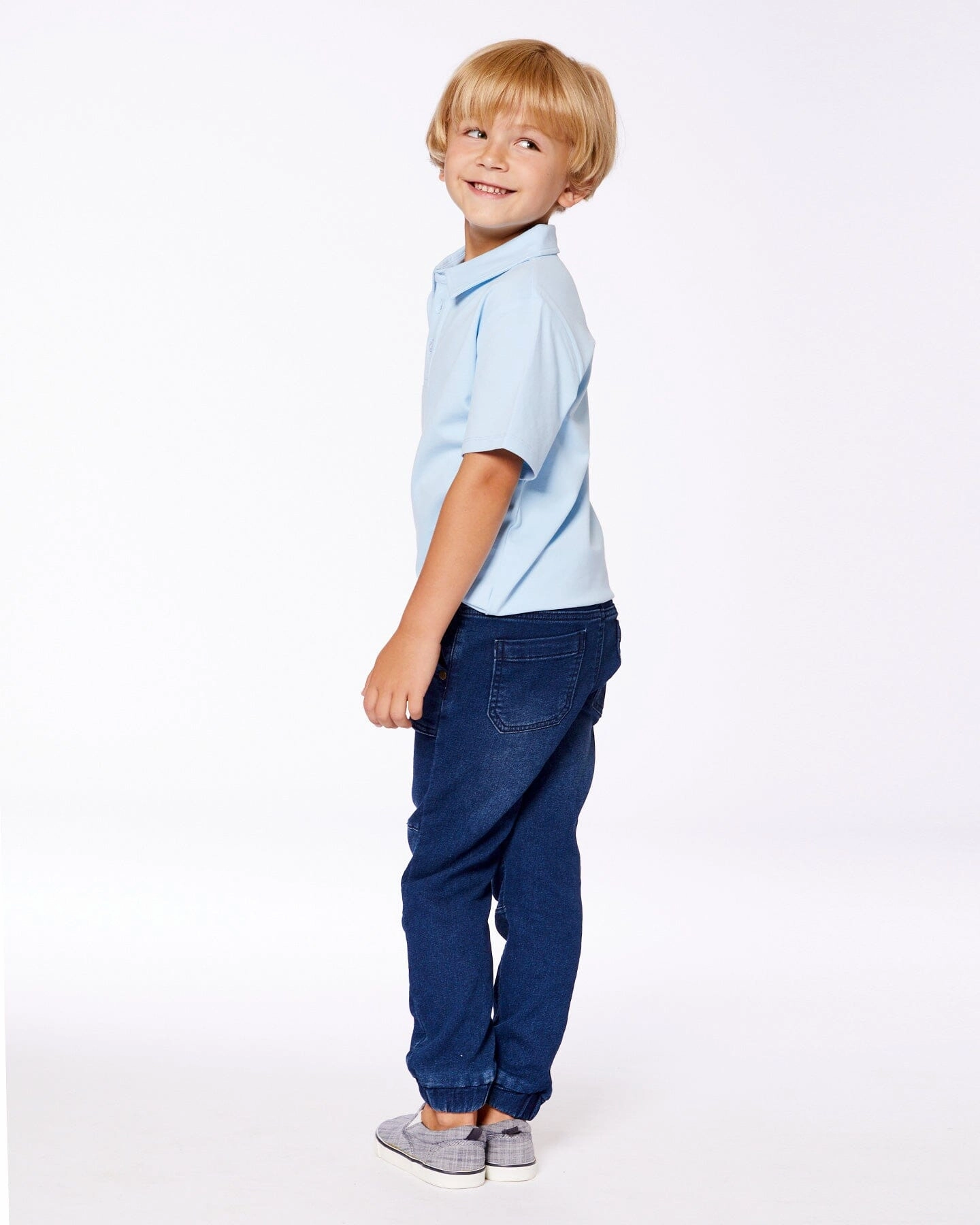 French Terry Denim Jogger Pant Dark Denim Blue Boys Elastic Waist Trousers